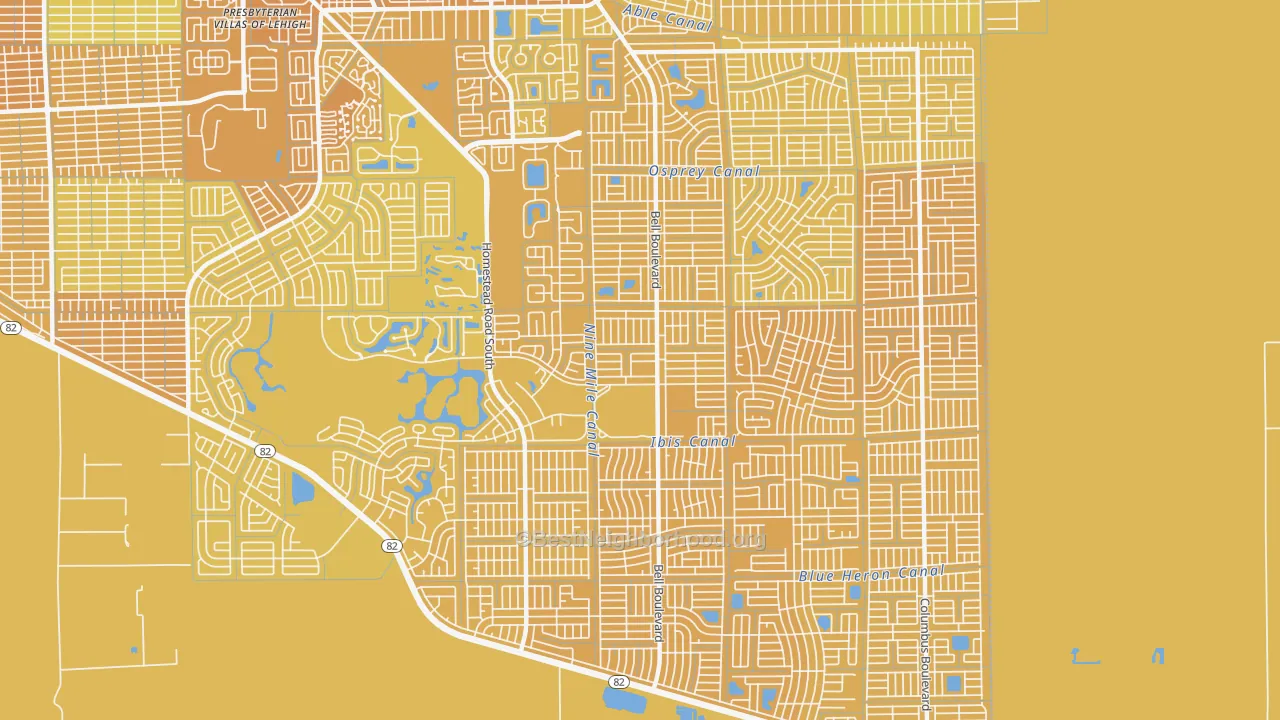 Map of the best neighborhoods in the 33974 area, with better matches in green and worse matches in red