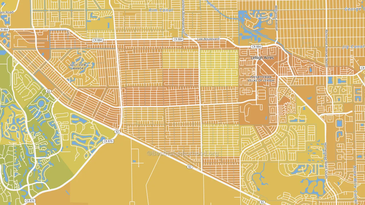 Map of the best neighborhoods in the 33976 area, with better matches in green and worse matches in red