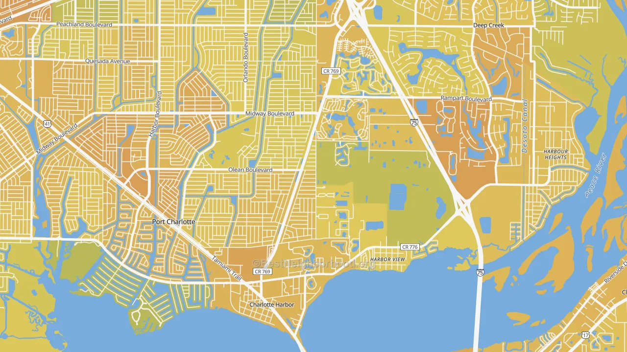 Map of the best neighborhoods in the 33980 area, with better matches in green and worse matches in red
