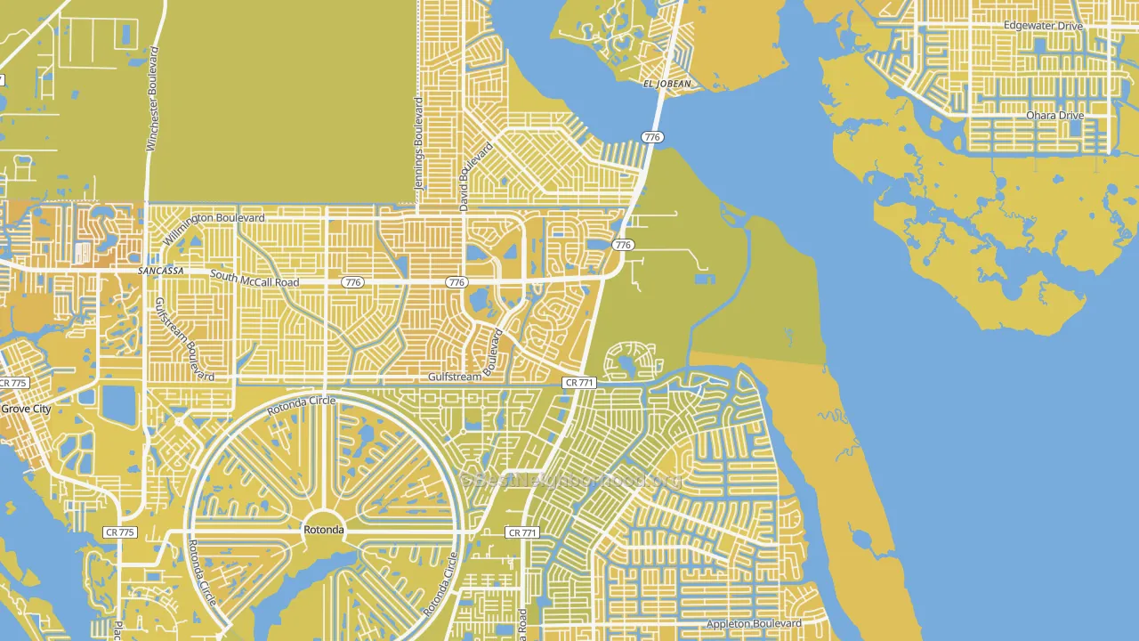 Map of the best neighborhoods in the 33981 area, with better matches in green and worse matches in red