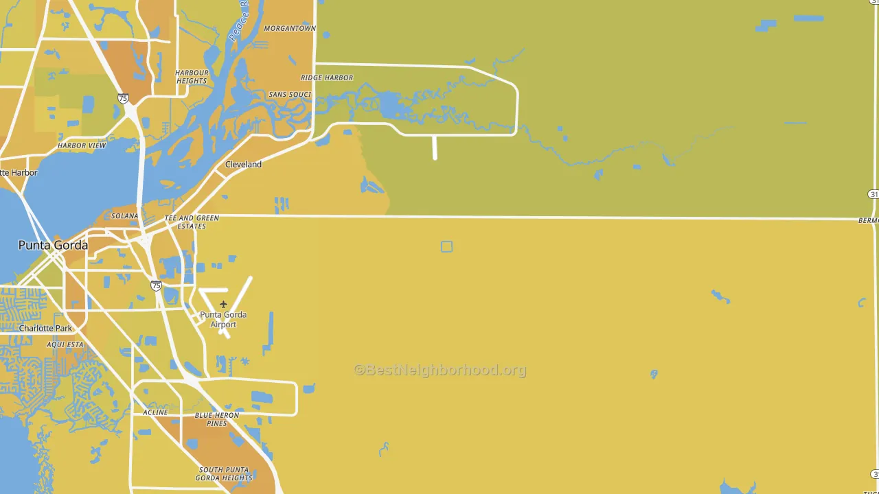 Map of the best neighborhoods in the 33982 area, with better matches in green and worse matches in red