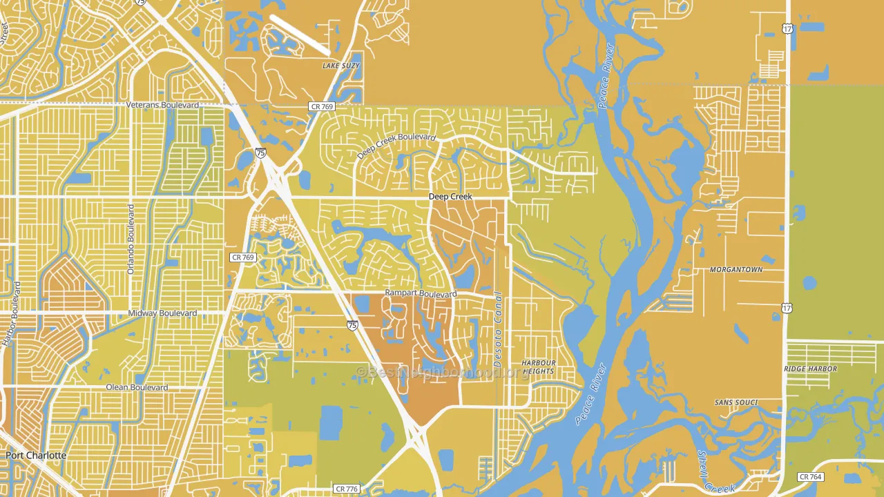 Map of the best neighborhoods in the 33983 area, with better matches in green and worse matches in red