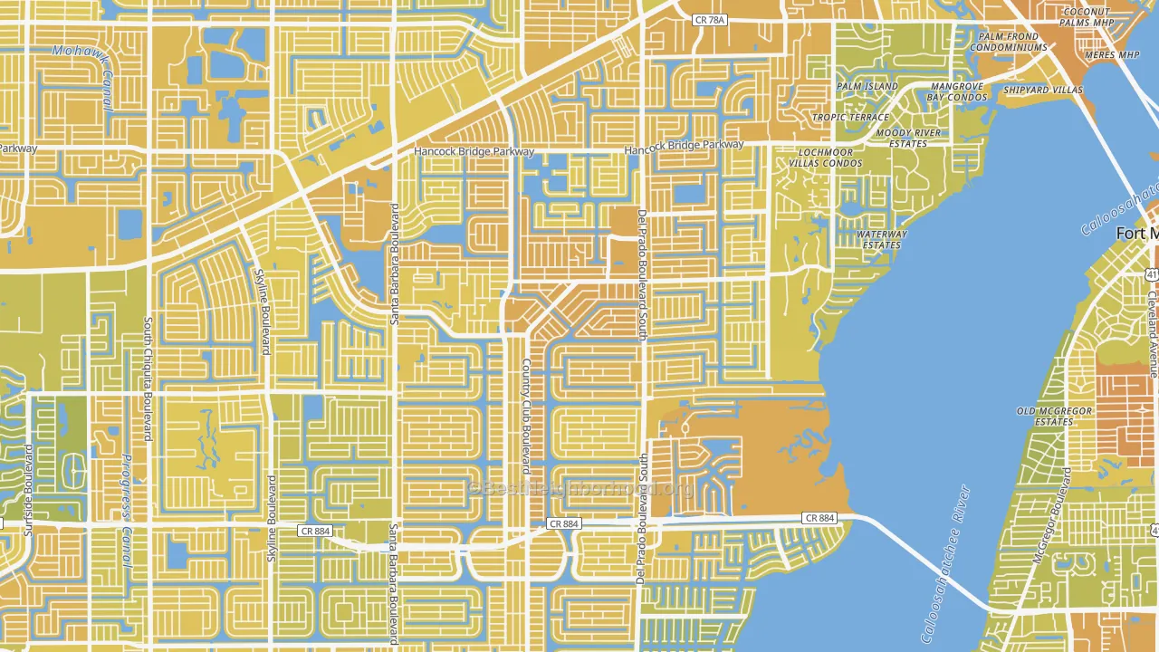 Map of the best neighborhoods in the 33990 area, with better matches in green and worse matches in red