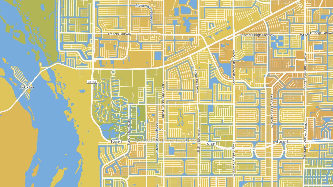 Map of the best neighborhoods in the 33991 area, with better matches in green and worse matches in red