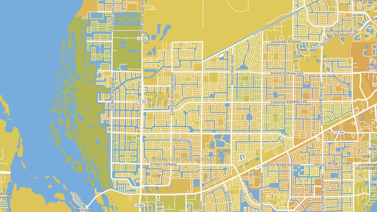 Map of the best neighborhoods in the 33993 area, with better matches in green and worse matches in red