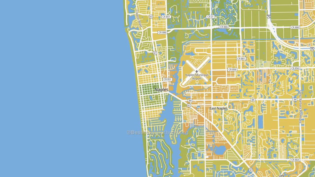 Map of the best neighborhoods in the 34102 area, with better matches in green and worse matches in red