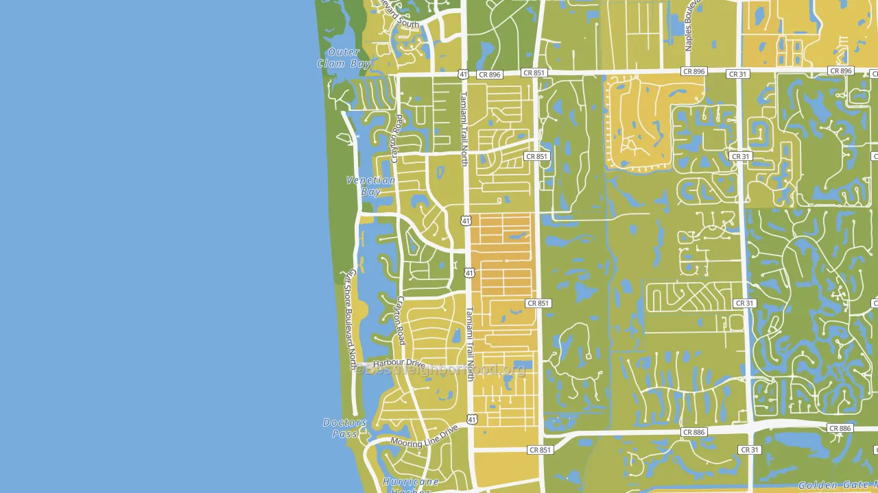 Map of the best neighborhoods in the 34103 area, with better matches in green and worse matches in red