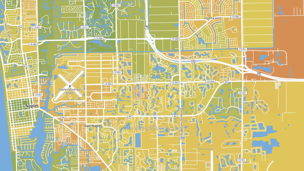 Map of the best neighborhoods in the 34104 area, with better matches in green and worse matches in red