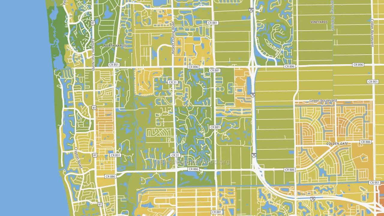 Map of the best neighborhoods in the 34105 area, with better matches in green and worse matches in red
