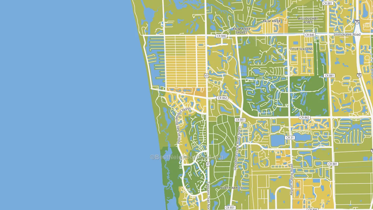 Map of the best neighborhoods in the 34108 area, with better matches in green and worse matches in red