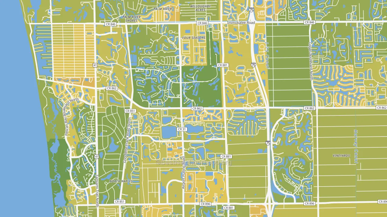 Map of the best neighborhoods in the 34109 area, with better matches in green and worse matches in red
