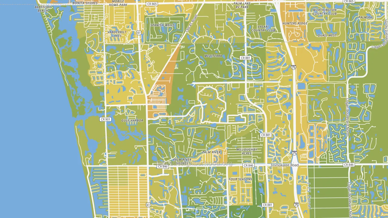 Map of the best neighborhoods in the 34110 area, with better matches in green and worse matches in red