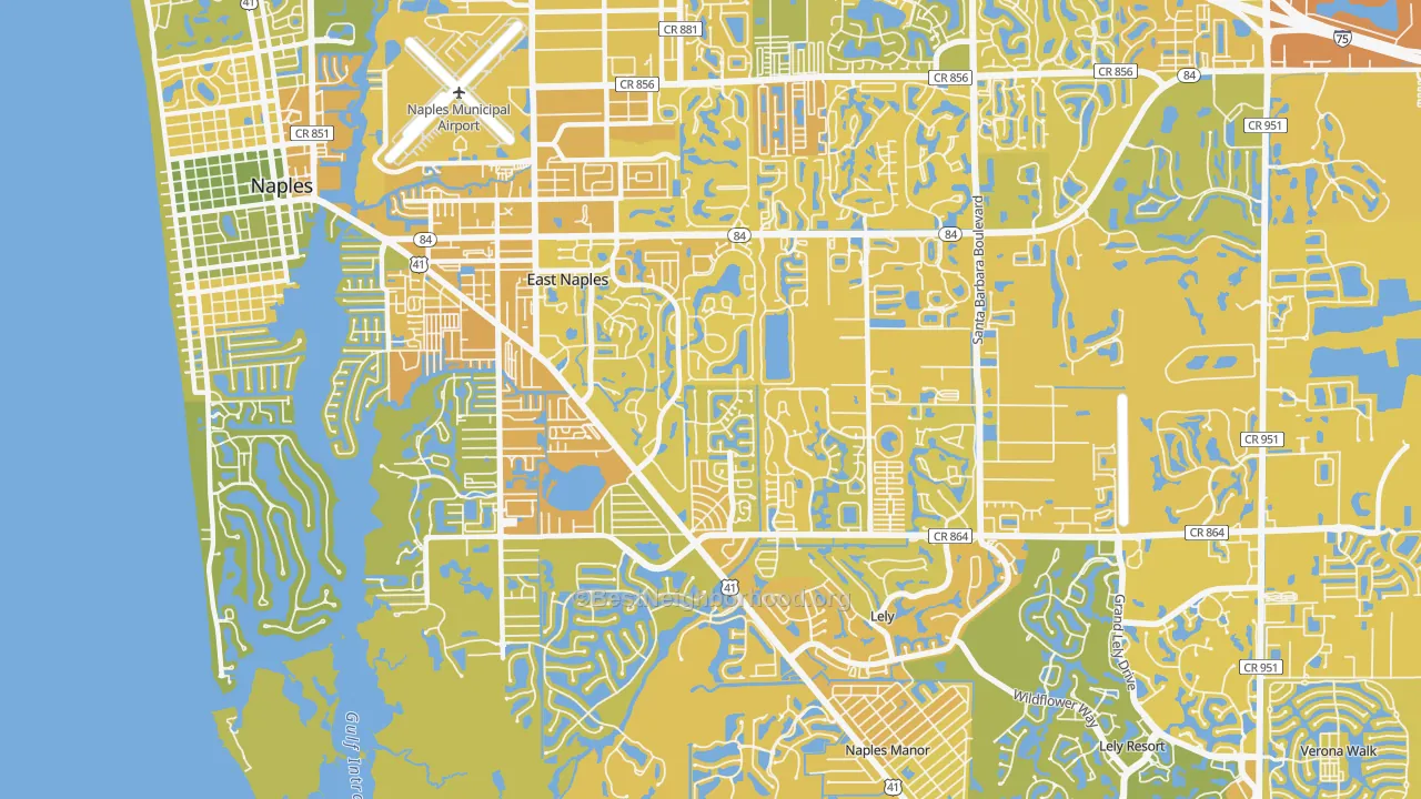 Map of the best neighborhoods in the 34112 area, with better matches in green and worse matches in red