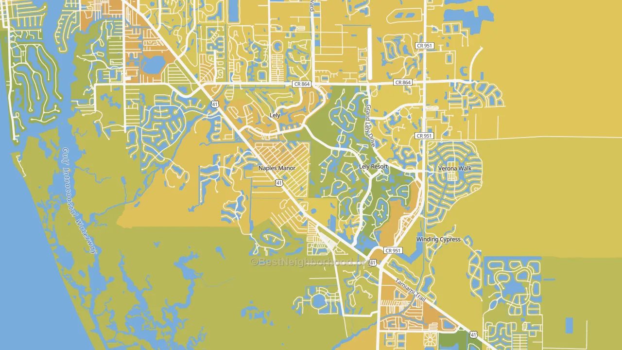 Map of the best neighborhoods in the 34113 area, with better matches in green and worse matches in red