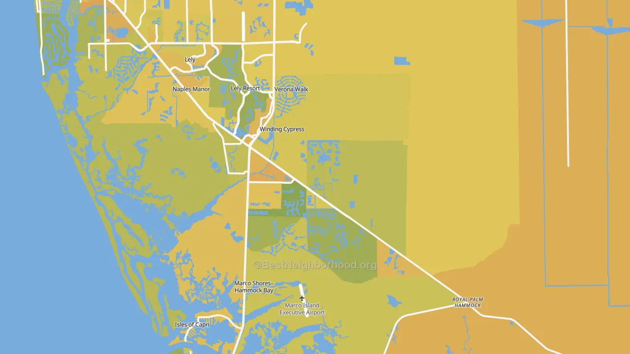 Map of the best neighborhoods in the 34114 area, with better matches in green and worse matches in red