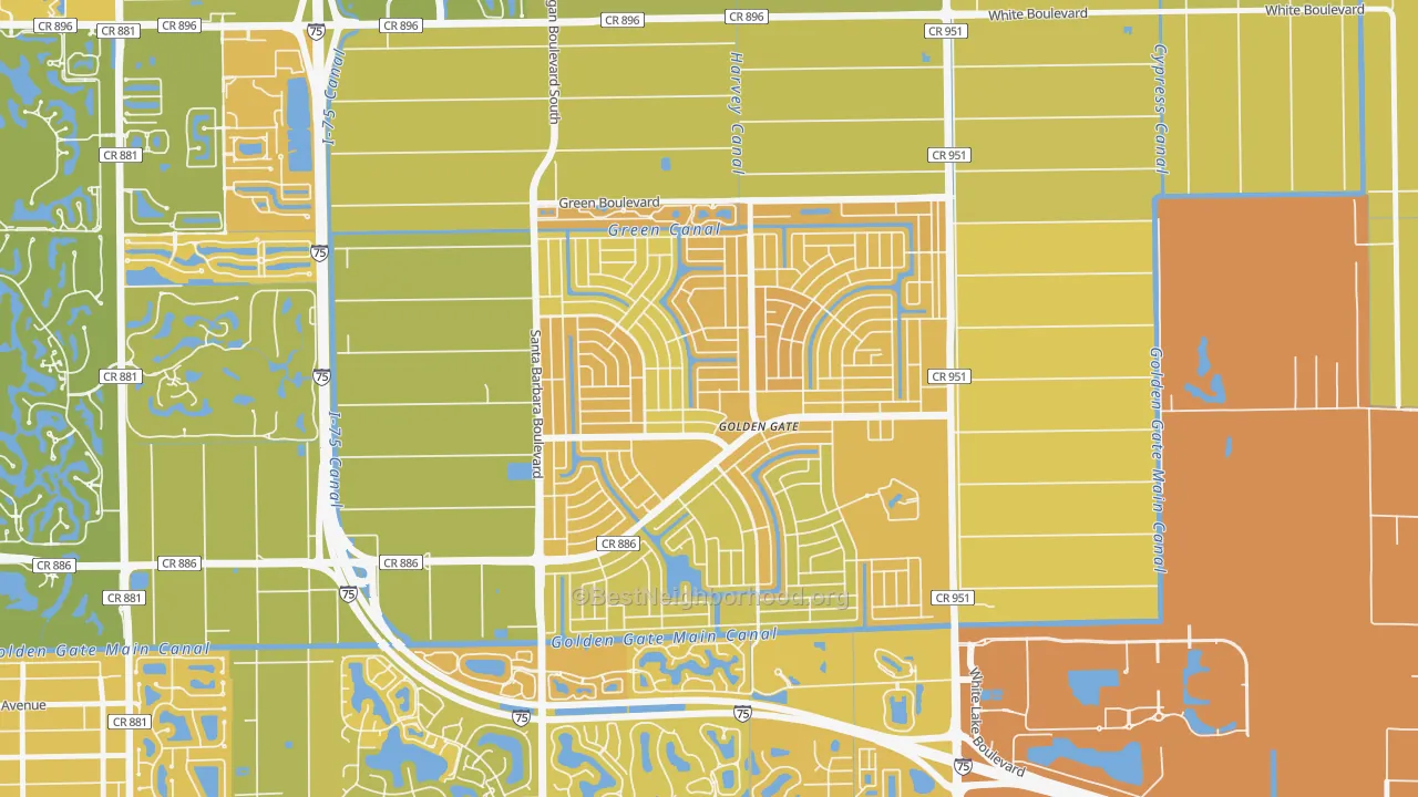 Map of the best neighborhoods in the 34116 area, with better matches in green and worse matches in red