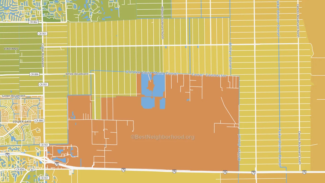 Map of the best neighborhoods in the 34117 area, with better matches in green and worse matches in red