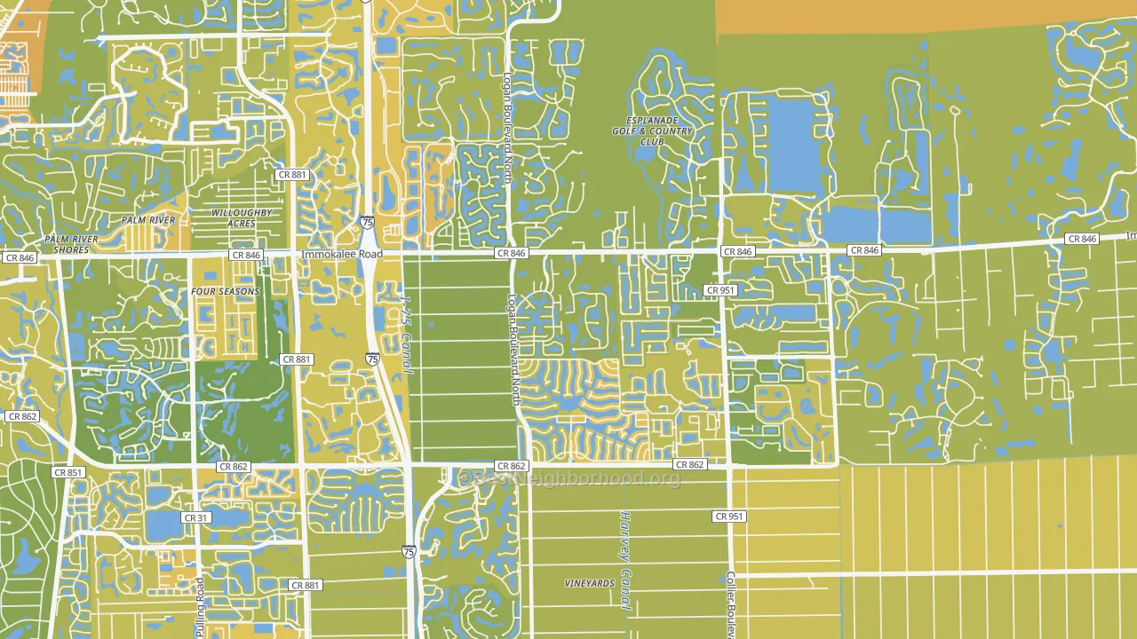 Map of the best neighborhoods in the 34119 area, with better matches in green and worse matches in red