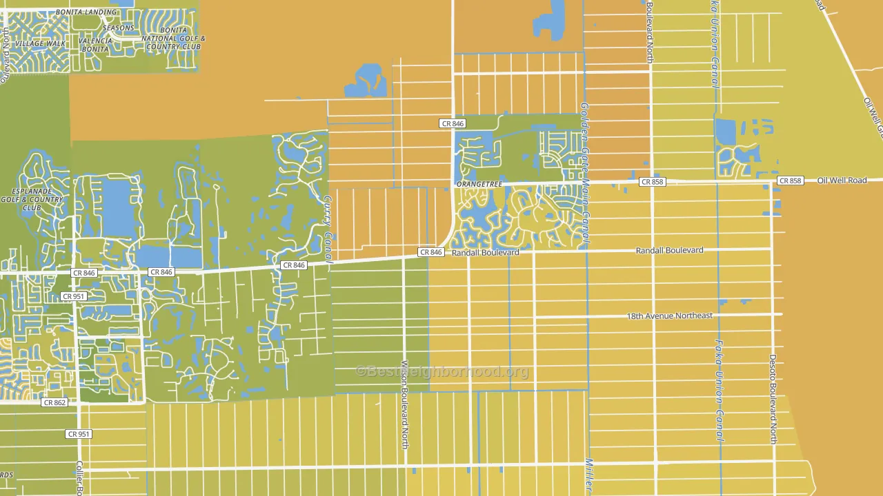 Map of the best neighborhoods in the 34120 area, with better matches in green and worse matches in red