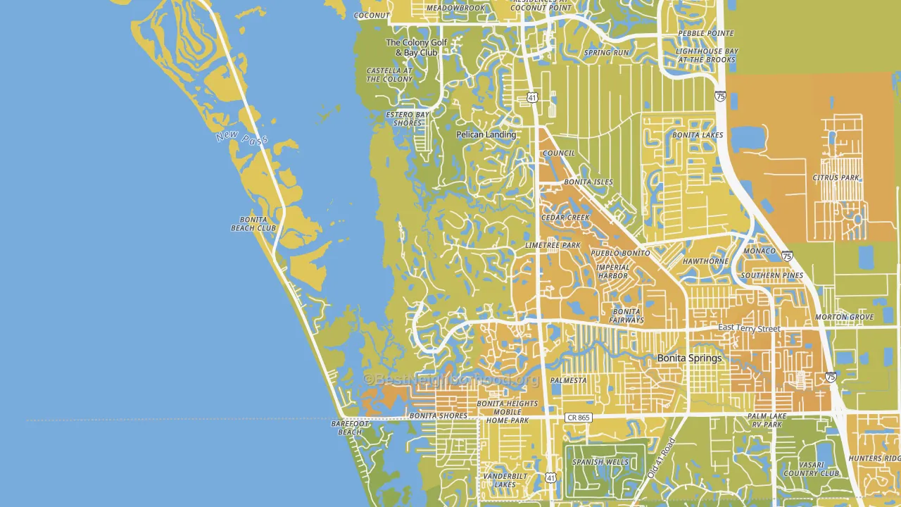 Map of the best neighborhoods in the 34134 area, with better matches in green and worse matches in red