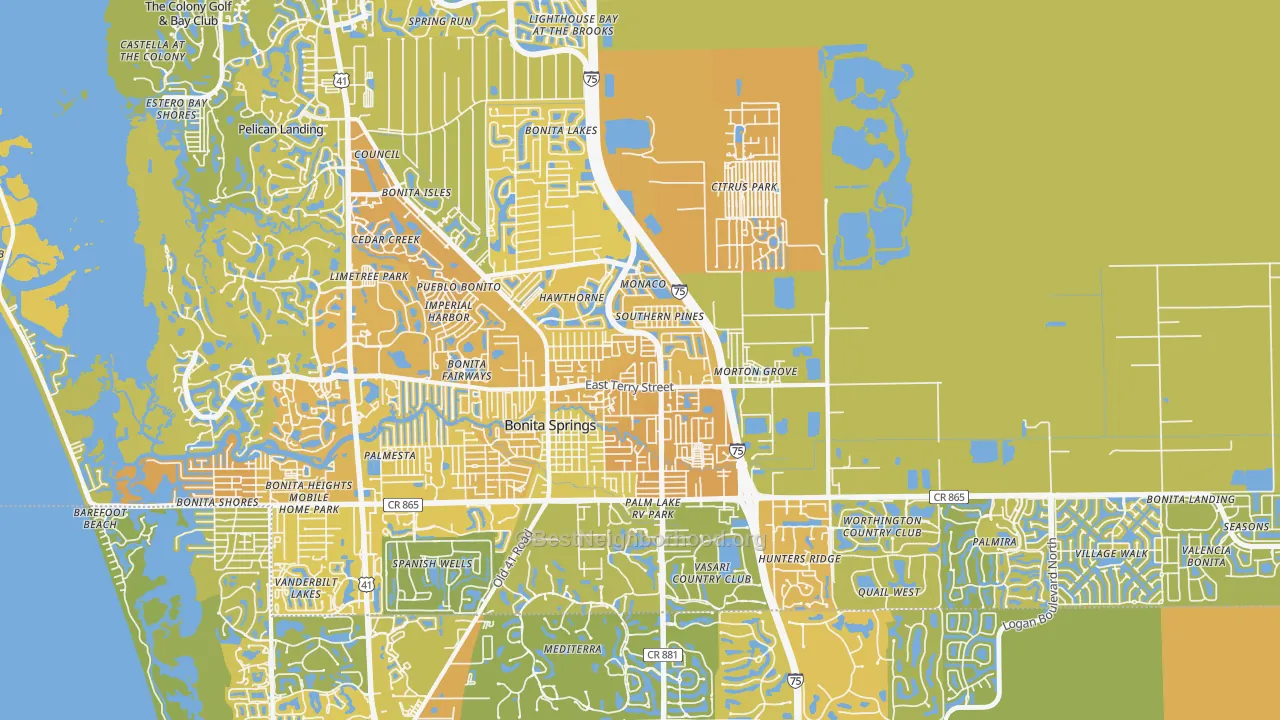Map of the best neighborhoods in the 34135 area, with better matches in green and worse matches in red