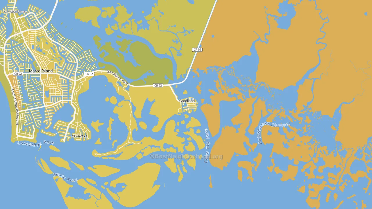 Map of the best neighborhoods in the 34140 area, with better matches in green and worse matches in red