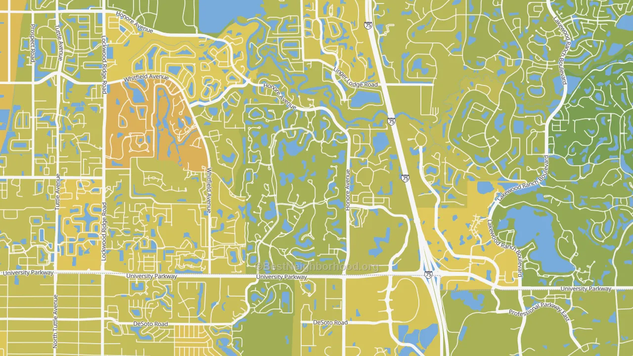 Map of the best neighborhoods in the 34201 area, with better matches in green and worse matches in red