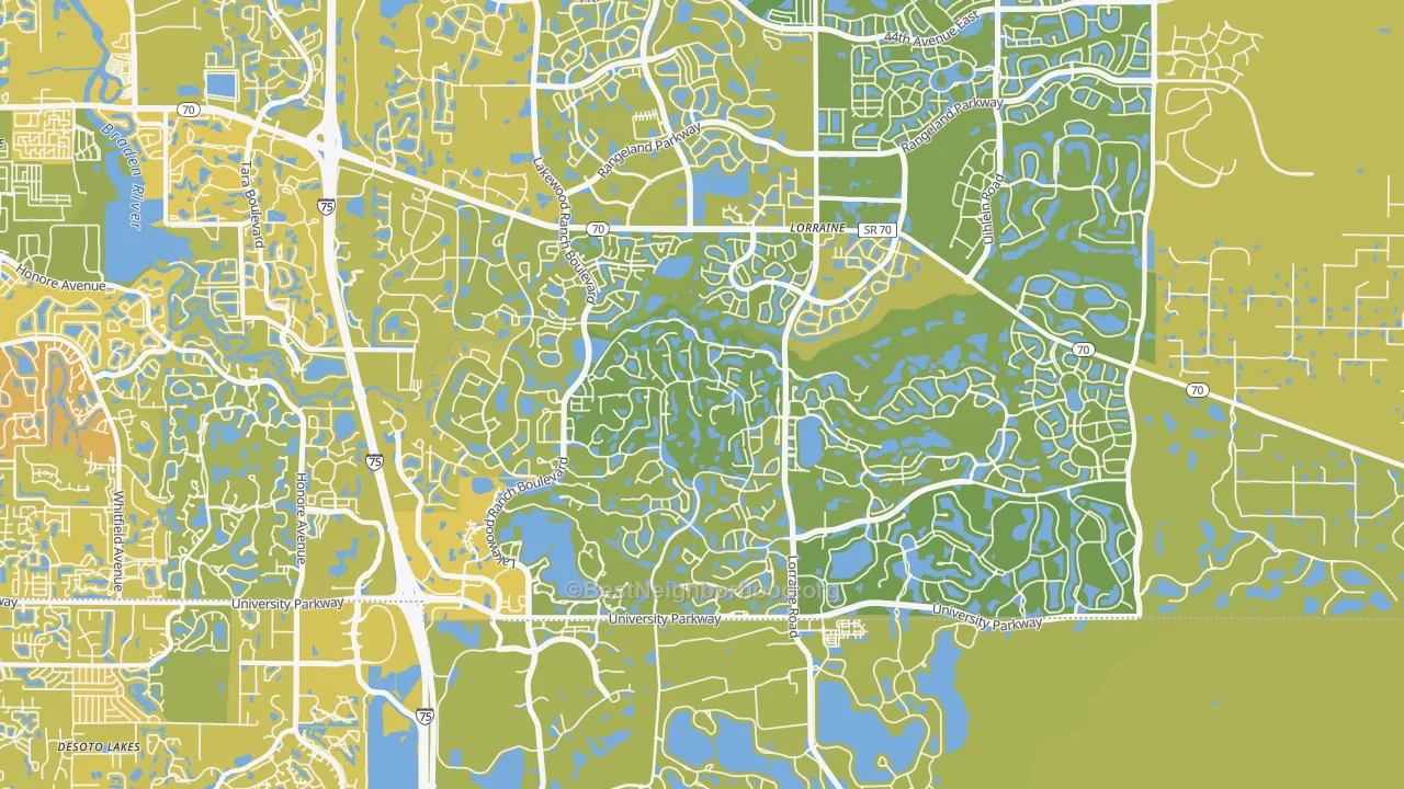 Map of the best neighborhoods in the 34202 area, with better matches in green and worse matches in red