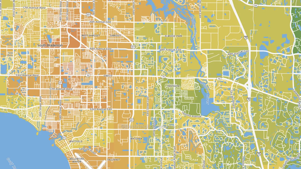 Map of the best neighborhoods in the 34203 area, with better matches in green and worse matches in red
