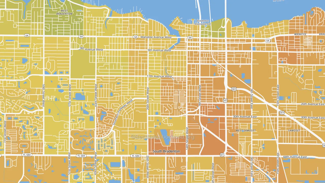 Map of the best neighborhoods in the 34205 area, with better matches in green and worse matches in red