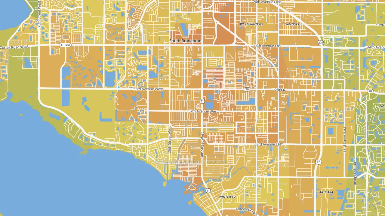 Map of the best neighborhoods in the 34207 area, with better matches in green and worse matches in red