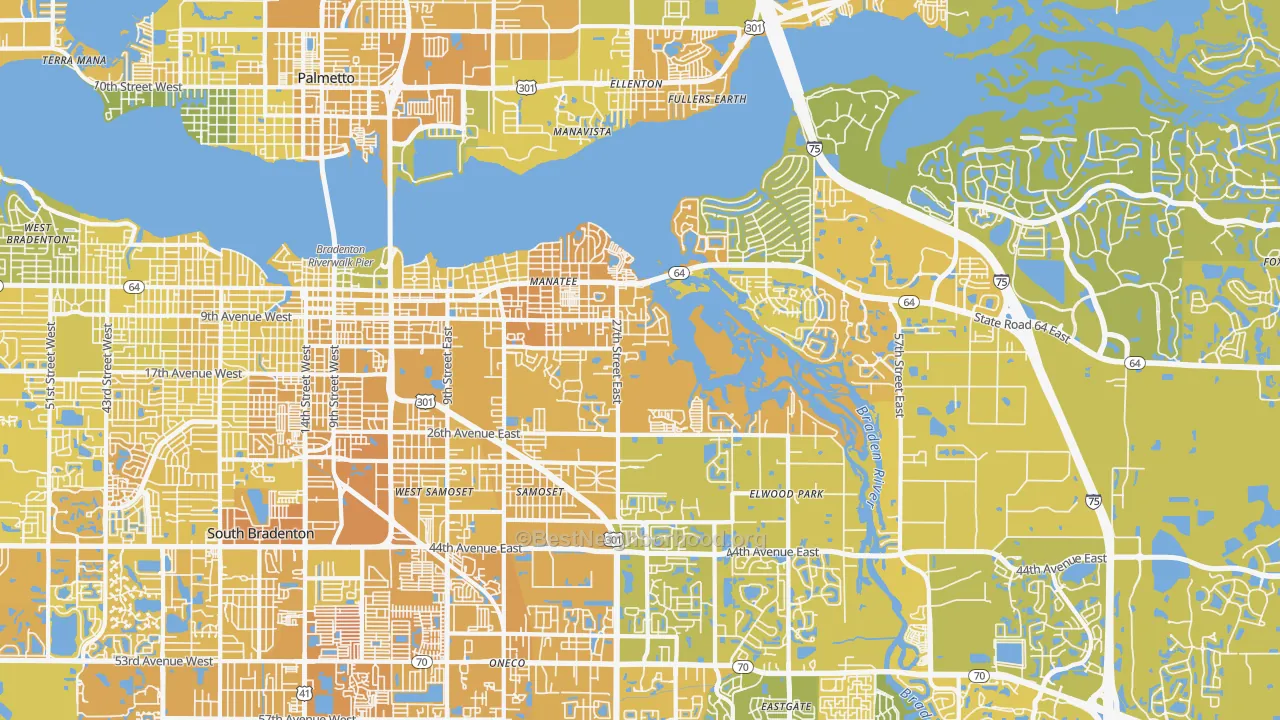 Map of the best neighborhoods in the 34208 area, with better matches in green and worse matches in red