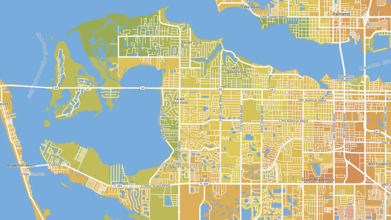 Map of the best neighborhoods in the 34209 area, with better matches in green and worse matches in red