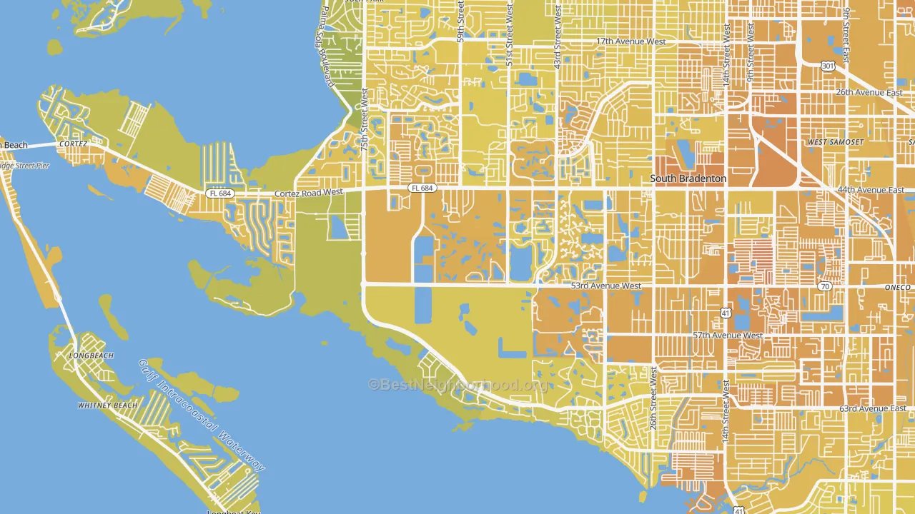 Map of the best neighborhoods in the 34210 area, with better matches in green and worse matches in red