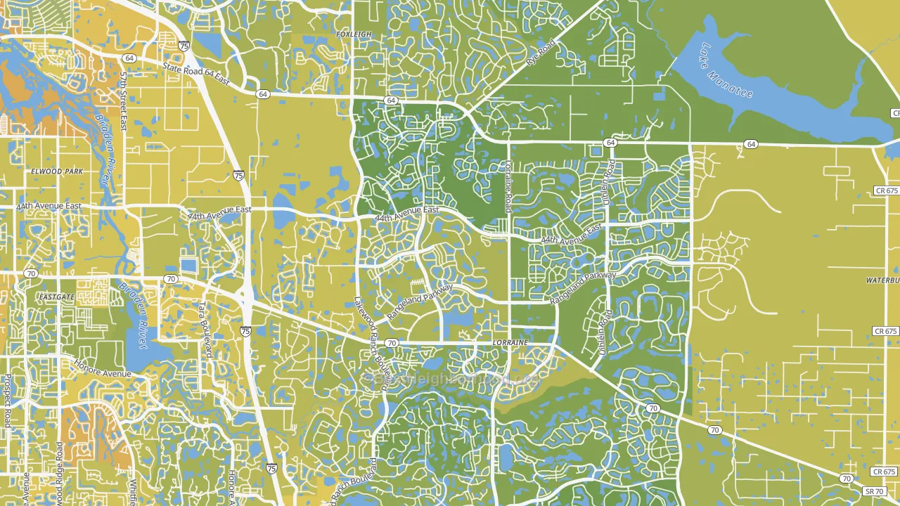 Map of the best neighborhoods in the 34211 area, with better matches in green and worse matches in red