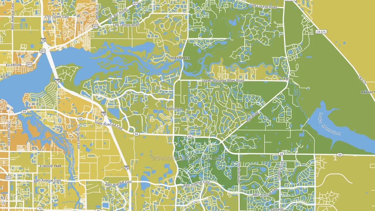 Map of the best neighborhoods in the 34212 area, with better matches in green and worse matches in red