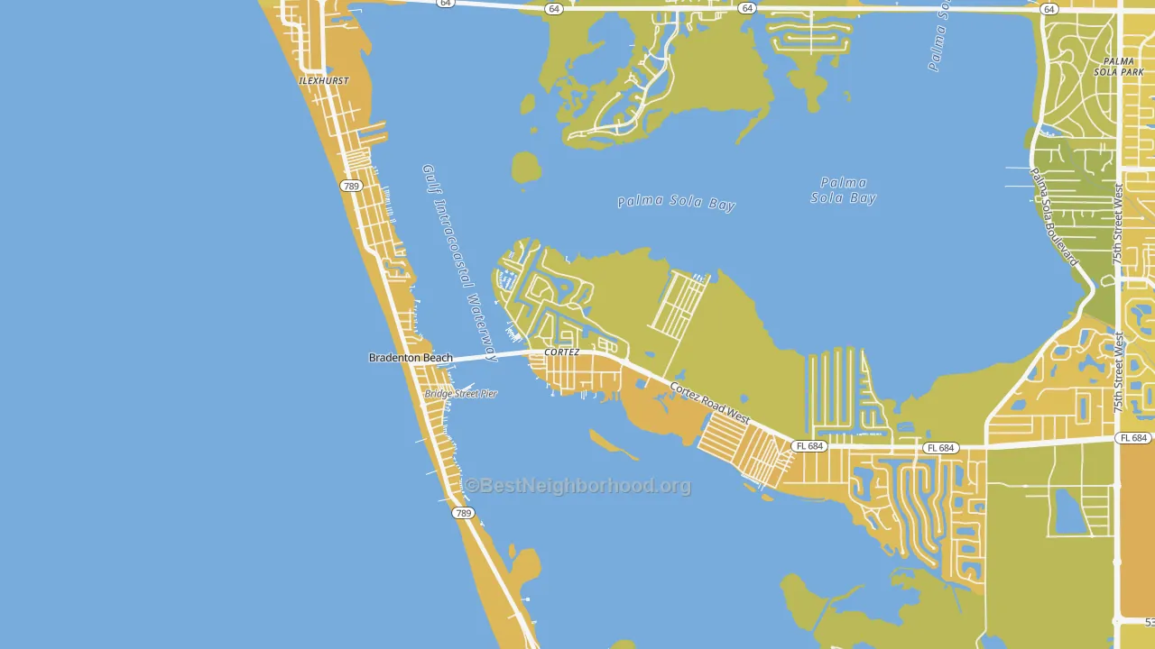 Map of the best neighborhoods in the 34215 area, with better matches in green and worse matches in red