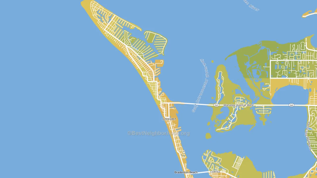 Map of the best neighborhoods in the 34217 area, with better matches in green and worse matches in red