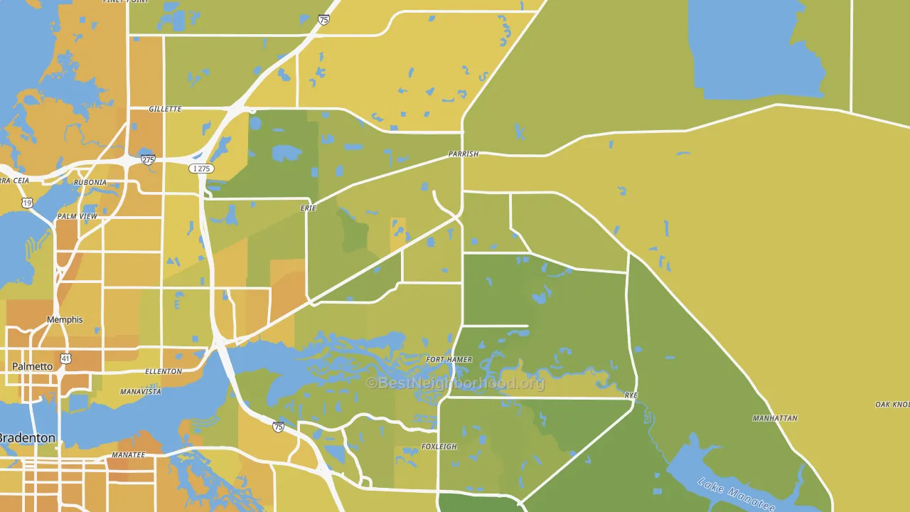 Map of the best neighborhoods in the 34219 area, with better matches in green and worse matches in red