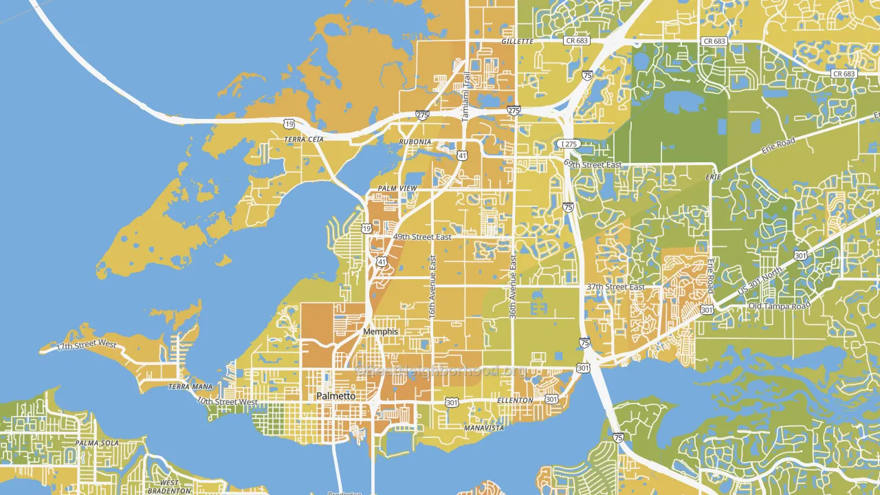 Map of the best neighborhoods in the 34221 area, with better matches in green and worse matches in red