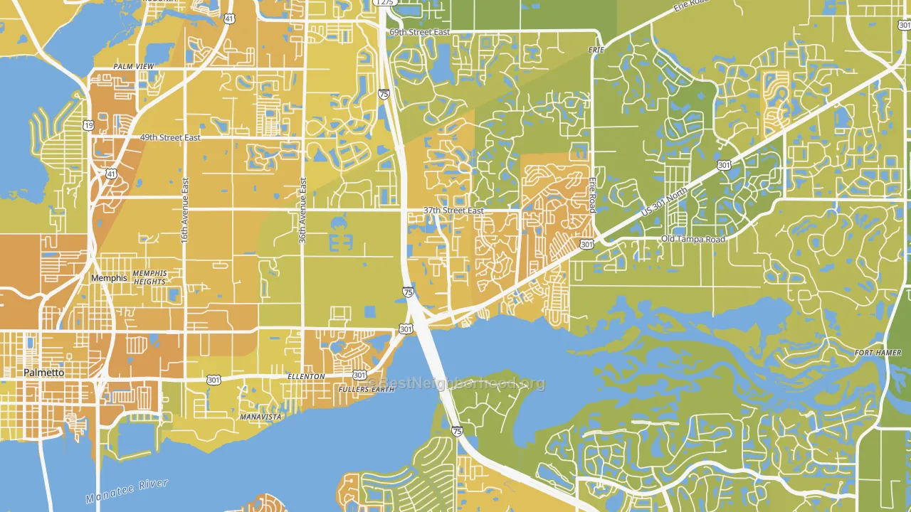 Map of the best neighborhoods in the 34222 area, with better matches in green and worse matches in red