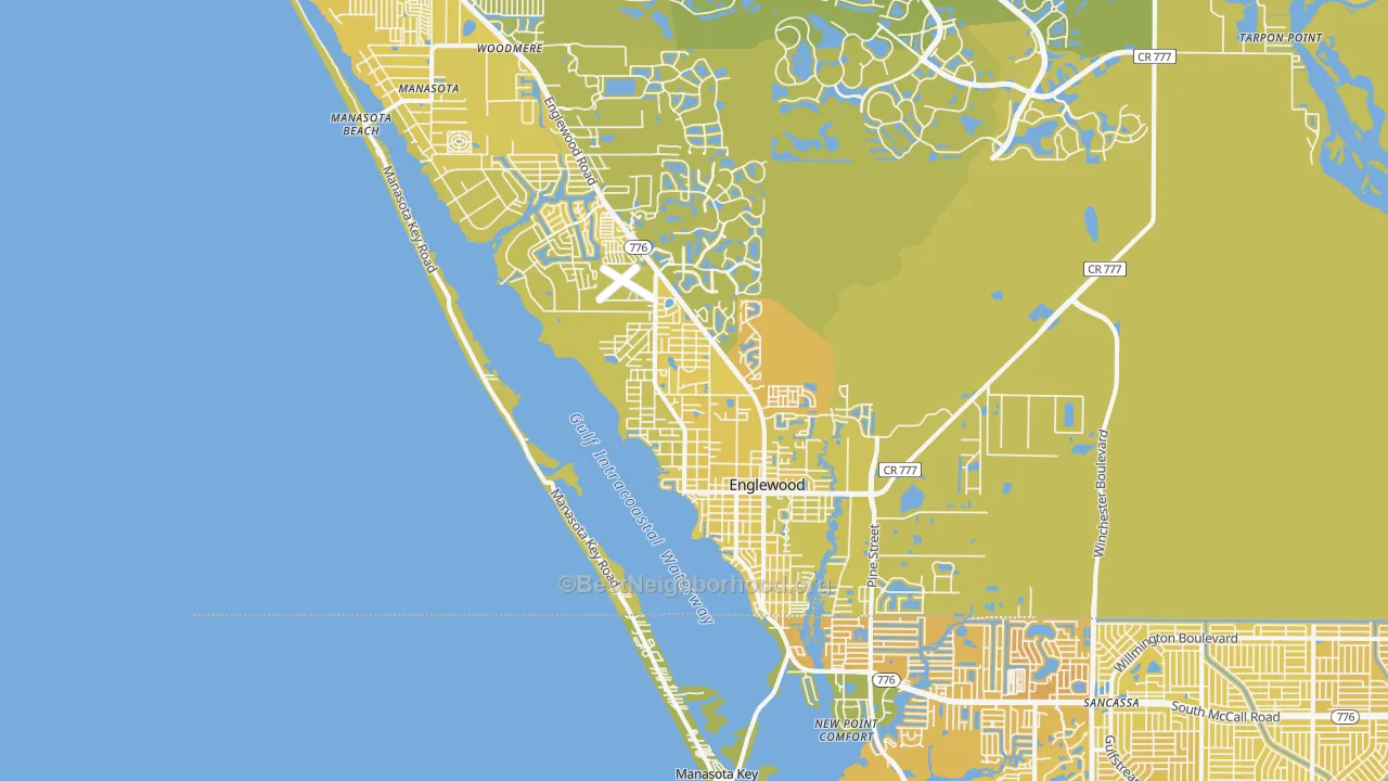 Map of the best neighborhoods in the 34223 area, with better matches in green and worse matches in red