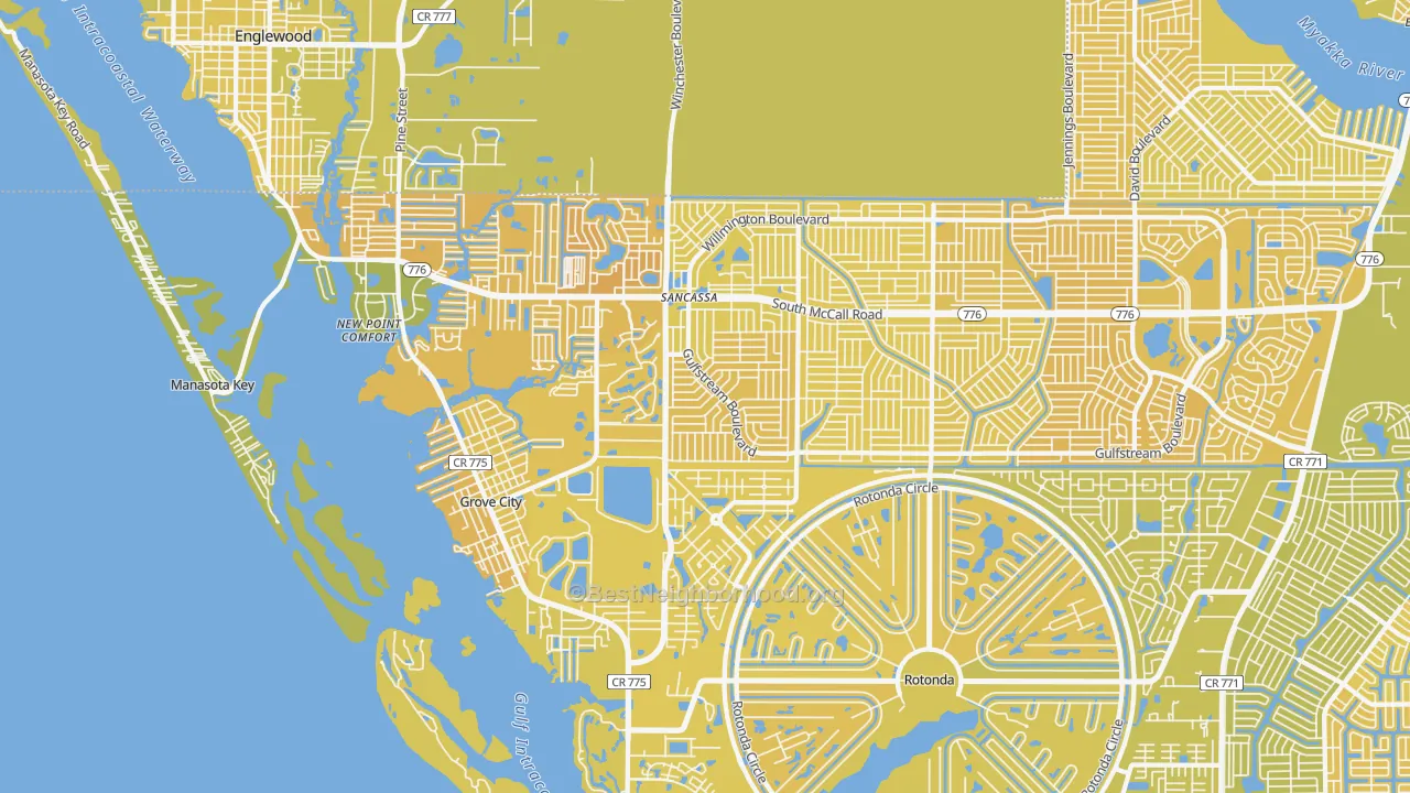 Map of the best neighborhoods in the 34224 area, with better matches in green and worse matches in red