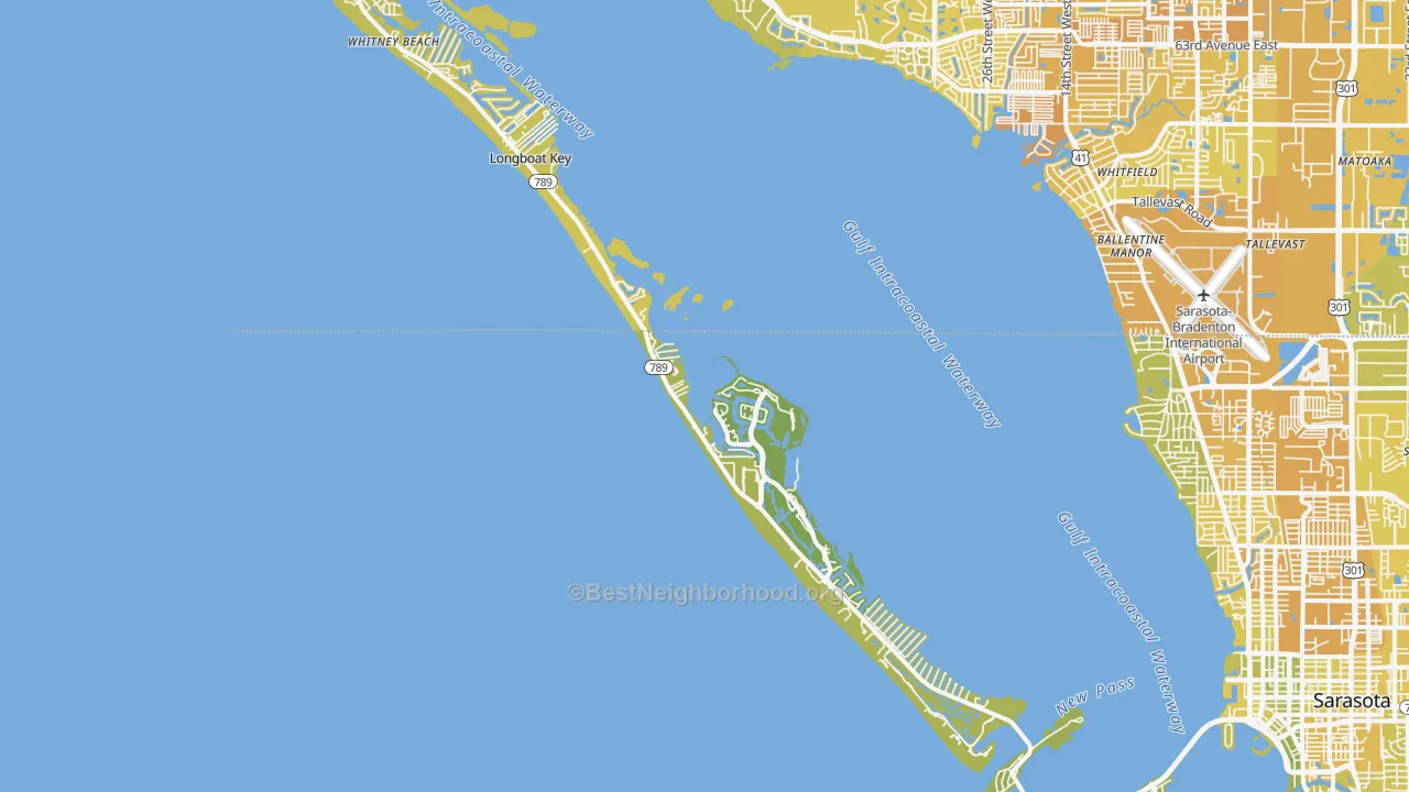 Map of the best neighborhoods in the 34228 area, with better matches in green and worse matches in red