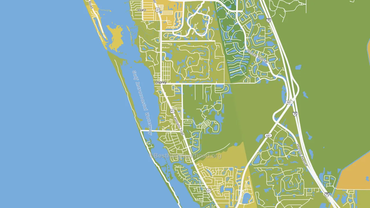 Map of the best neighborhoods in the 34229 area, with better matches in green and worse matches in red