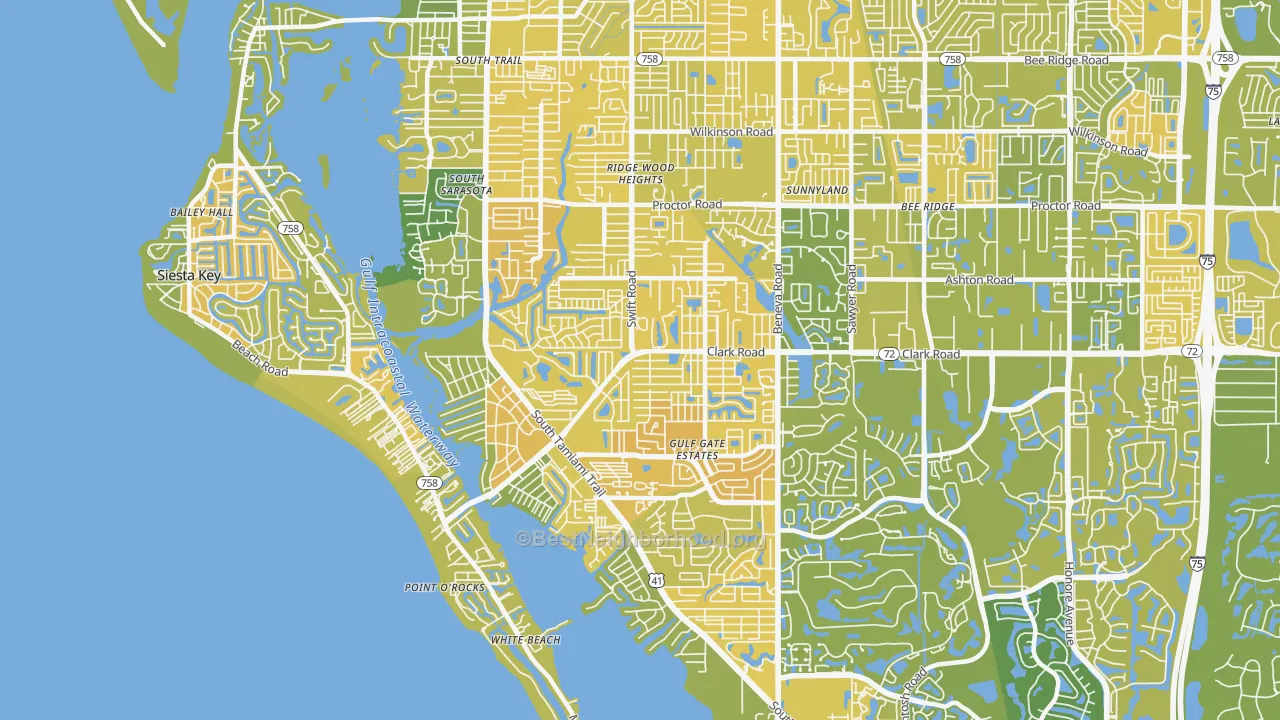 Map of the best neighborhoods in the 34231 area, with better matches in green and worse matches in red