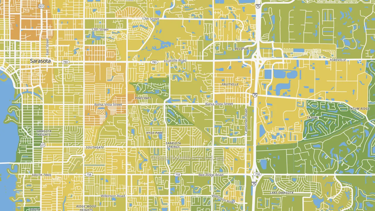 Map of the best neighborhoods in the 34232 area, with better matches in green and worse matches in red