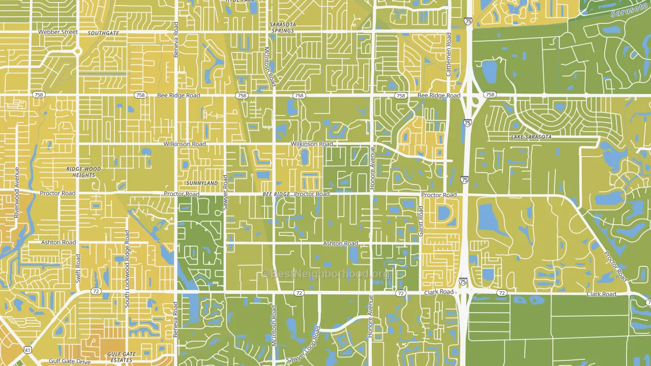 Map of the best neighborhoods in the 34233 area, with better matches in green and worse matches in red