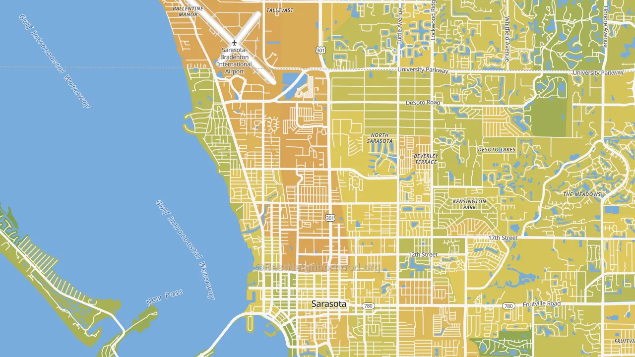 Map of the best neighborhoods in the 34234 area, with better matches in green and worse matches in red