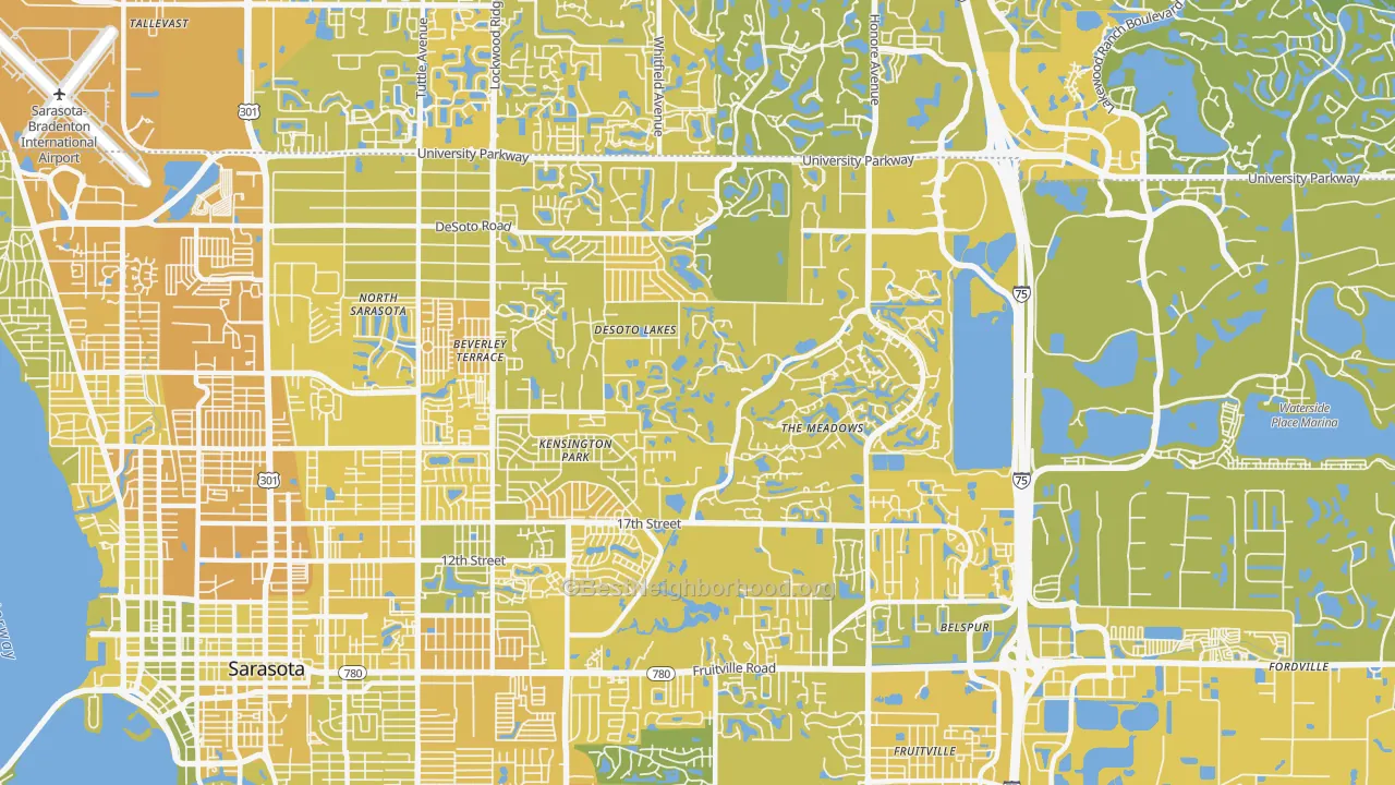 Map of the best neighborhoods in the 34235 area, with better matches in green and worse matches in red